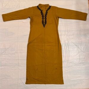 Mustard Long Sleeve Dress with Black Embroidery